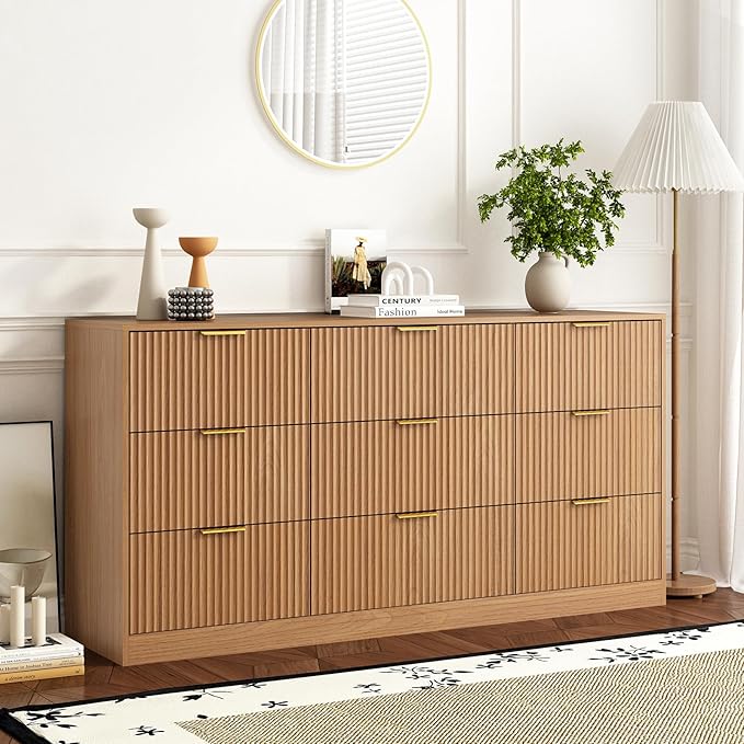9 Drawer Dresser for Bedroom with Deep Drawers, 63" Wide Wood Dresser, Large Floor Chest of Drawers, Modern Long TV Stand, Mid Century Storage Cabinet Side Table, Natural