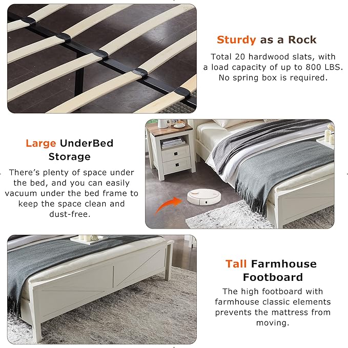 T4TREAM Farmhouse Full Size Bed Frame w/Storage Bookcase Headboard, Sliding Barn Door, Charging Station, Rustic Wood Platform Bed w/Wood Slats Support, No Box Spring Needed, Antique White