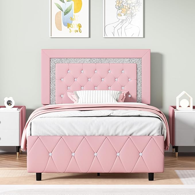 BarnFurin Twin Bed Frame with Headboard, Faux Leather Upholstered Bed with Diamond Tufted Design, Princess Twin Bed Frames for Kids, No Box Spring Required, Easy Assembly, Pink