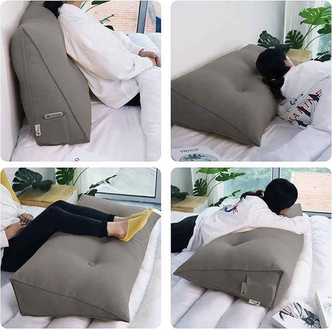 WOWMAX 85% Linen 15% Cotton Blend Headboard Pillow – Full Size Reading Wedge Backrest for Bed, Handmade Firm Support Bolster Cushion with Removable Cover, Premium Bed Rest Pillow, Light Gray