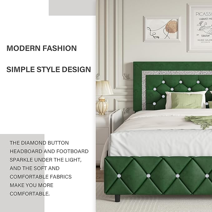 BarnFurin Queen Size Bed Frame with Headboard, Faux Leather Upholstered Bed with Diamond Tufted Design, Modern Bed Frame with Wooden Slats Support, No Box Spring Required, Easy Assembly, Green