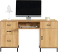 55" Executive Desk, Modern Wood Office Table with Charging Station, 5 File Drawer & 1 Storage Cabinet, Home Computer Writing Desk for Work Study, Living Room, Bedroom (Natural Oak)