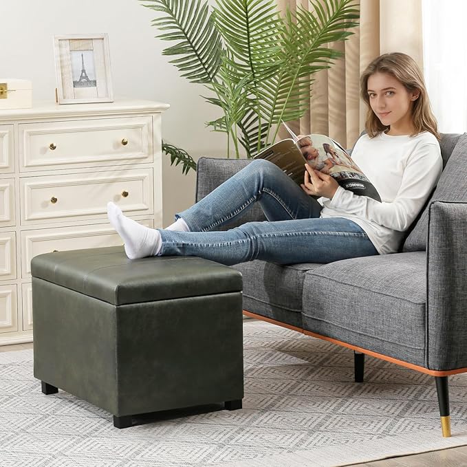 Asense Storage Ottoman Bench,Foot Stool Ottoman with Storage, Faux Leather Foot Rest Seat with Safety Hinge,Wood Legs Stool for Living Room, Bedroom,Enterway,Green