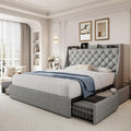 Full Size Upholstered Platform Bed Frame with 4 Storage Drawers and Charging Station, Linen Button Tufted Wingback Headboard, Sturdy Wooden Support Slats, No Box Spring Needed, Light Grey