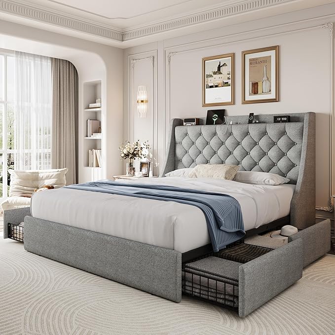 Queen Size Bed Frame with 4 Storage Drawers & Charging Station, Linen Upholstered Platform Bedframe, Button Tufted Wingback Headboard, Sturdy Wooden Slats, No Box Spring Needed, Light Grey