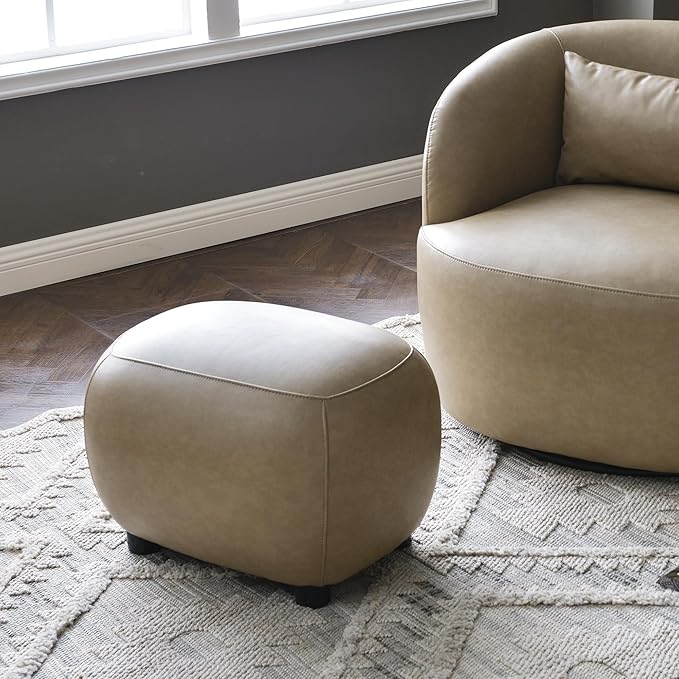 KINWELL 23" Wide Faux Leather Upholstered Ottoman Set of 2, Mid-Century Modern Living Room Footrest with Soft Padded Seat, Footstool for Bedroom, Entryway or Living Room, Khaki