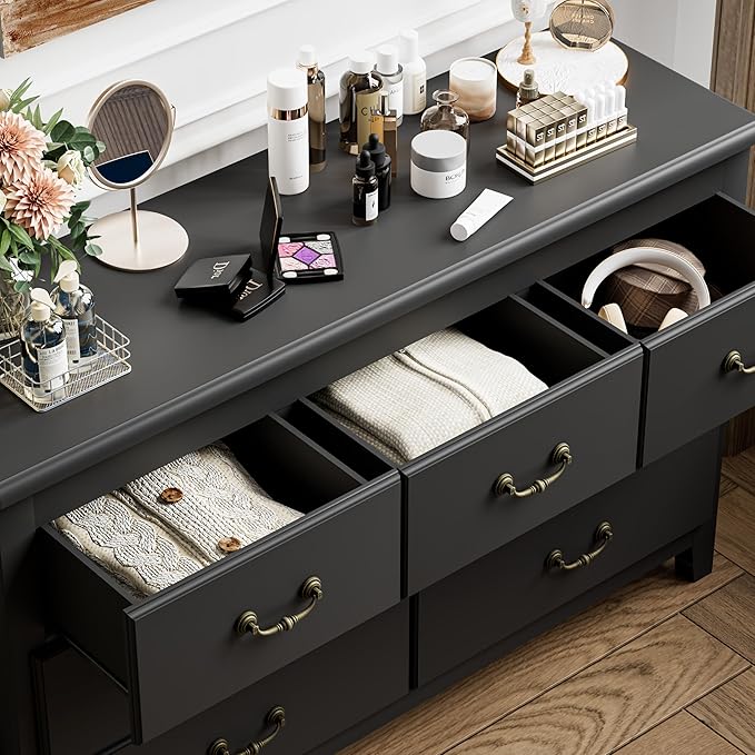 Black Dresser for Bedroom, Modern Style 7 Drawer Dresser with Vintage Gold Antique Handles, Chest of Drawers for Bedroom, Antique Black