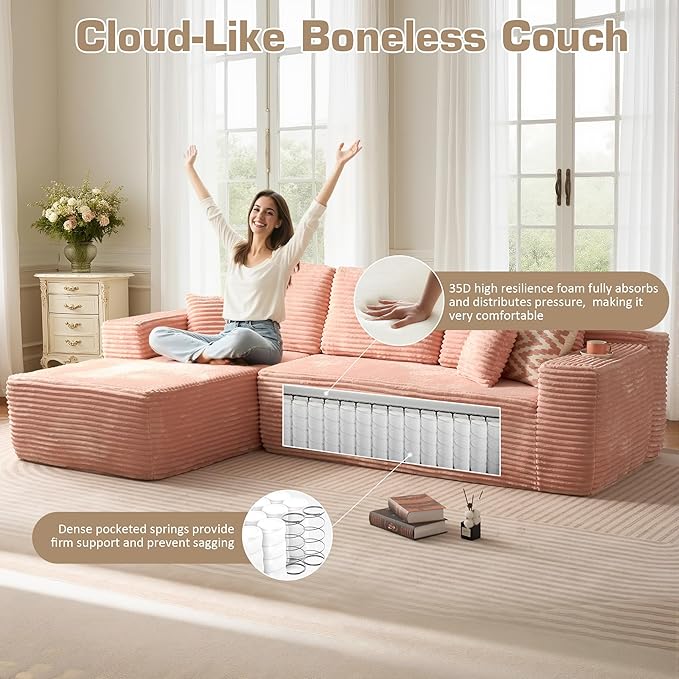 106" Cloud Sectional Couch with L-Shape Chaise, No Assembly Modular Sofa, Deep Seat Plush Corduroy Boneless Couched for Living Room (Pink Plush Corduroy, Left Facing Chaise)