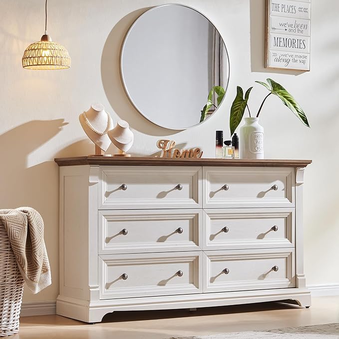 Farmhouse 6 Drawers Dresser for Bedroom, 54" Wide Large Dressers & Chests of Drawers w/Roman Column, Wooden Dresser TV Stand with Large Drawers for Nursery Bedroom Living Room Hallway, Antique White