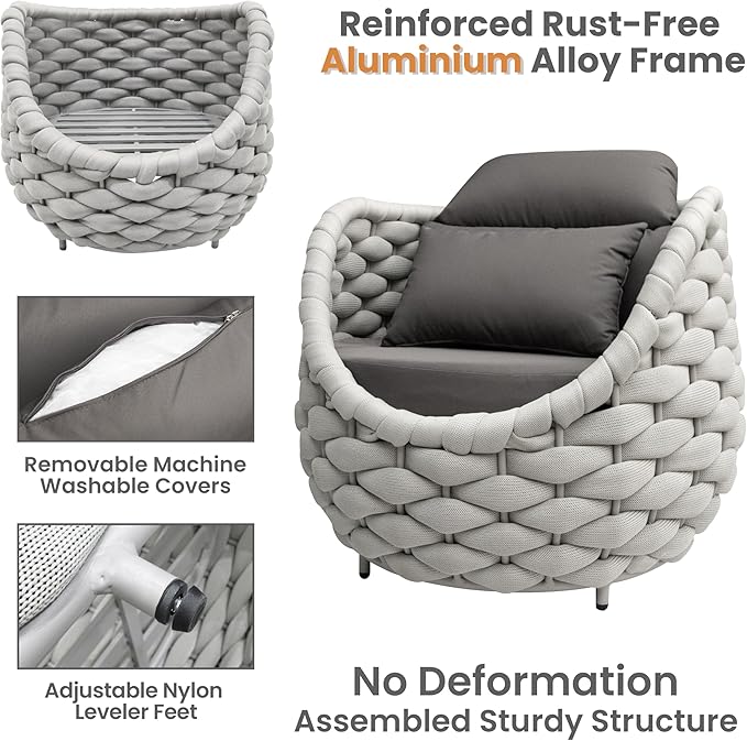 Rope Patio Furniture Set: 4 Pieces Aluminum Outdoor Couch Set Cushioned - Assembled Conversation Sofa Set Modern - Metal Porch Seating for 5 Person - All Weather for Deck Garden Poolside Hotel