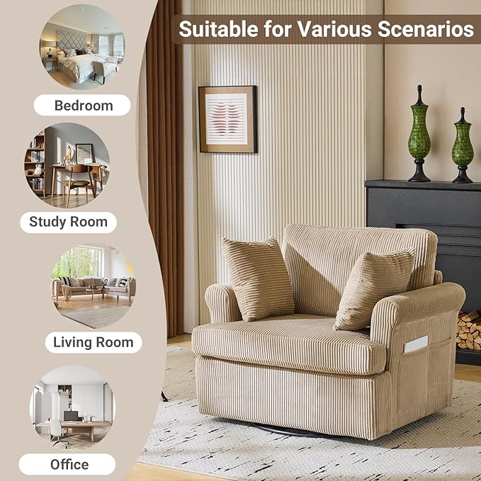 Karl home 39" Swivel Accent Chair,Oversized Seat Armchair W/2 Pillows and 4 Pockets,Modern Upholstered Corduroy Barrel Chairs,Comfy Single Sofa for Living Room,Reading,Bedroom and Office-Khaki