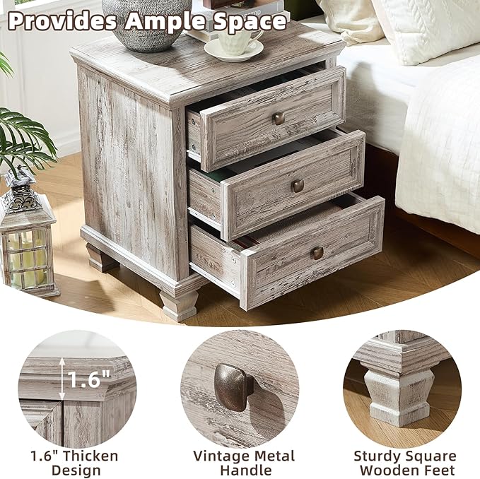 Farmhouse Bedroom Dresser and Nightstand Set of 4, 6 Drawer Low & 5 Drawers Dresser & 3 Drawer Nightstand Set with Wooden Legs, Rustic Wood Bedroom Furniture for Livingroom, Hallway, Grey