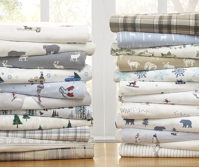 Eddie Bauer - Flannel Sheets King Size, Anti-Pilling & Wrinkle Resistant Cotton, Touchably Soft for All-Season Comfort - Bed Sheets with Matching Pillowcases & Fitted Sheet (Ski Slope)