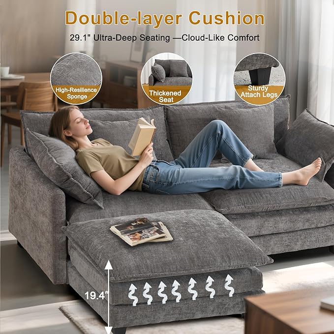 77" Cloud Chenille L-Shaped Sofa with Ottoman | Space-Saving Apartment Couch with 29.1" Deep Seat & Footrest | FSC Certified Solid Wood & Metal Frame | Easy Assembly & 1YR Guarantee