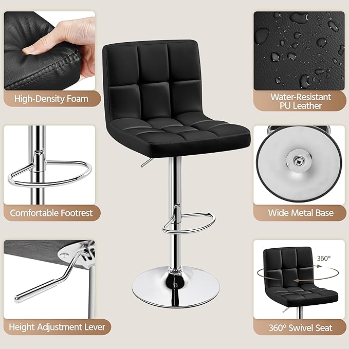Yaheetech Bar Stools Set of 4, PU Leather Swivel Barstools, Height Adjustable Counter Chairs, Modern Stools with Back for Bar Kitchen Island Dining Room, Black
