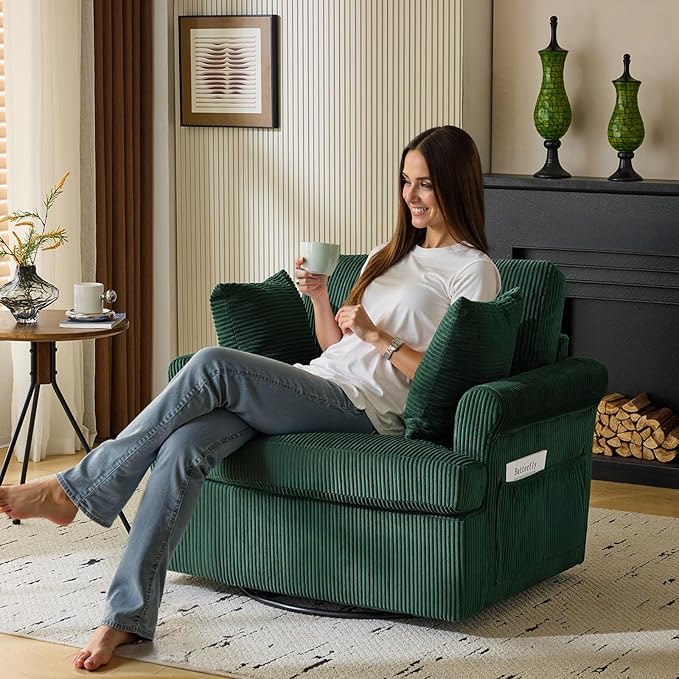 Karl home 39" Swivel Accent Chair,Oversized Seat Armchair W/2 Pillows and 4 Pockets,Modern Upholstered Corduroy Barrel Chairs,Comfy Single Sofa for Living Room,Reading,Bedroom and Office-Dark Green