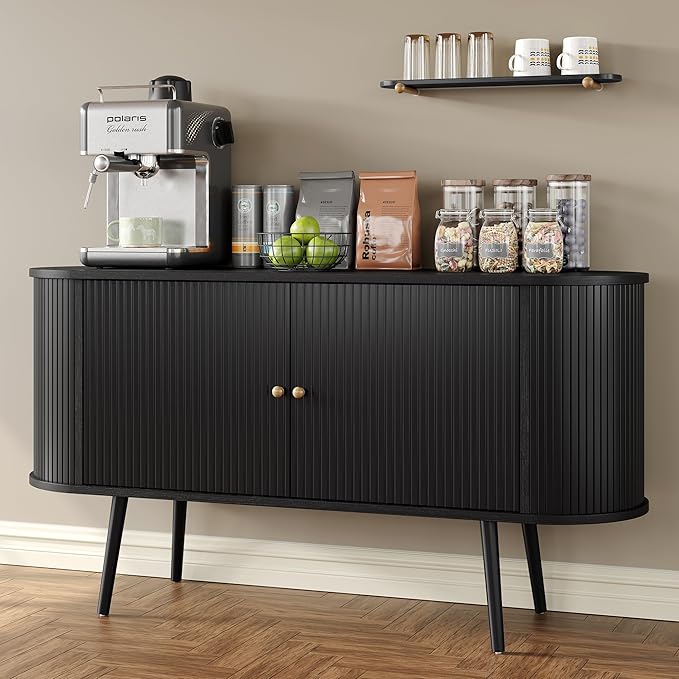 Furniouse 54.4''W Buffet Cabinet with Storage Fluted Sideboard Cabinet with Doors & 4 Shelf Storage for Living Room, Hallway, Kitchen, Black