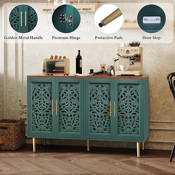 ARTPOWER 47.8" Accent Cabinet with 4 Doors, Vintage Hollow Carving Buffet Cabinet, Sideboards and Buffets with Storage, Credenza for Living Room, Kitchen, Dining Room, Entryway, Hallway, Green
