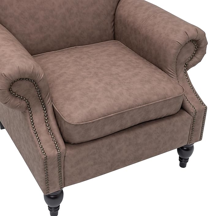 Accent Chair,22.4" Seat Depth Armchair with Roll Arms,36.6W*34.3D*34.6H Living Room Chair,Wood Legs,Set of 2,Faux Leather in Taupe