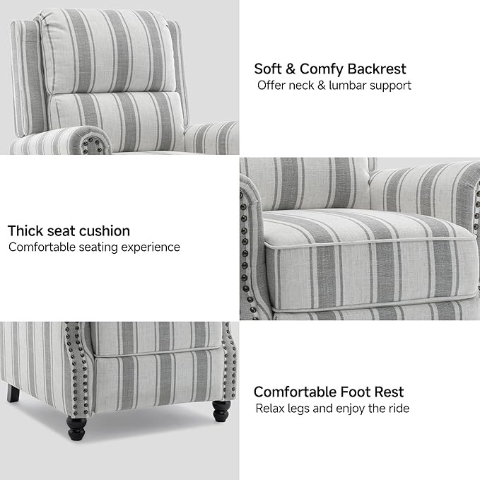 Lumibee Pushback Recliner Chair,Upholstered Wingback Chair for Small Spaces,Floral Fabric Armchair for Living Room,Single Sofa Accent Chair Reading Seat for Balcony,Bedroom-Striple Gray