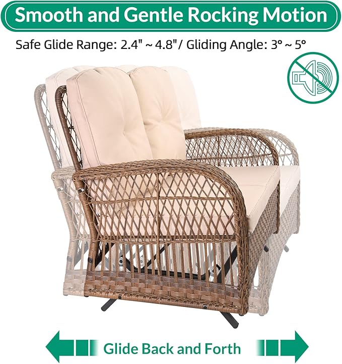 VIVIJASON 5-Piece Outdoor Patio Wicker Conversation Sets, All Weather Outdoor Rattan Furniture Set Includes Glider Loveseat, 2 Coffee Table, 2 Rocking Chairs with Cushions for Backyard, Light Brown
