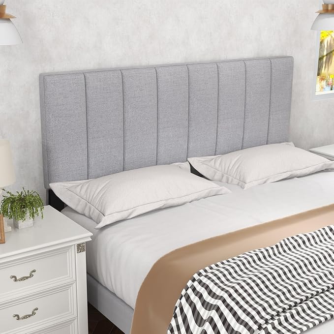 Giantex Linen Upholstered Headboard, Adjustable Width Button Tufted Headboard Only with Solid Wood Legs, Attach Frame, Modern Headboards for Queen Full Size Bed, Gray
