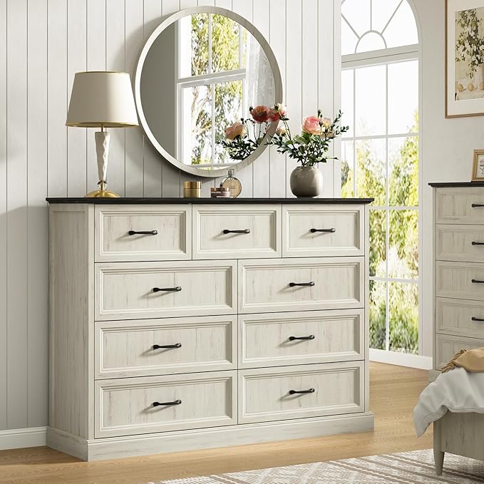 CARPETNAL Farmhouse 9 Drawer Dresser for Bedroom, 55 Inch Wide Modern White Dresser TV Stand with Large Drawers & Bar Handles, Rustic Wood Chest of Drawers for Bedroom, Living Room, Hallway, Entryway.