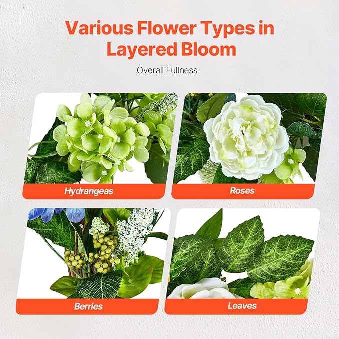 VEVOR Spring Wreath for Front Door 24 Inch - Artificial Hydrangea Wreath with Peonies, Year-Round All Season Outdoor Indoor Decor (Blue White Green Summer Floral)