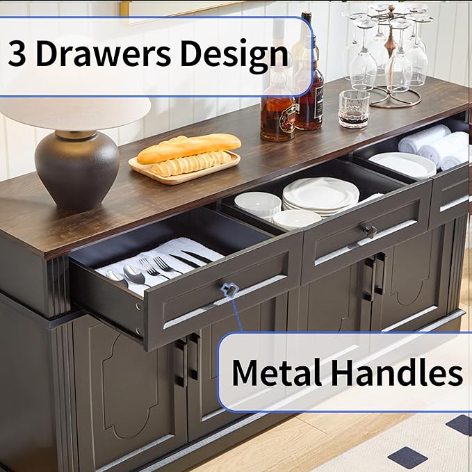 63" Black Buffet Sideboard Cabinet with 4 Doors and 3 Drawers, Modern Farmhouse Kitchen Storage Cabinet, Coffee Bar Cabinet with Adjustable Shelves, Kitchen Living Room Storage, Dining Room