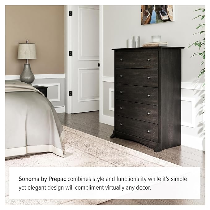 Prepac Sonoma Traditional 5-Drawer Tall Dresser for Bedroom, Functional Bedroom Dresser Chest of Drawers 17.75" D x 31.5" W x 44.75" H, Washed Black
