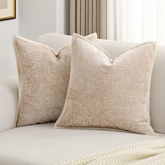 FUTEI Oatmeal Chenille Throw Pillow Covers 16x16 Inch Set of 2,Soft Cozy Bound Edge Design Cushion Case,Home Decor for Couch Bed Living Room