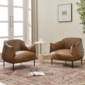 KINWELL 33" W Faux Leather Barrel Chairs Set of 2 with Hand-Tufted Pleated Back Flared Arms, Modern PU Upholstered Accent Chairs with Metal Legs, Large Armchairs Lounge Chairs for Living Room, Coffee