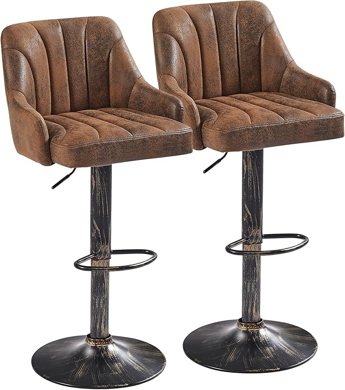 VECELO Bar Stools Set of 2, Adjustable Bar Stools Counter Height Barstools with Back and Arm, Swivel Bar Chair Stools for Kitchen Counter Island Cafe Dining Room, Industrial Style, Dark Brown