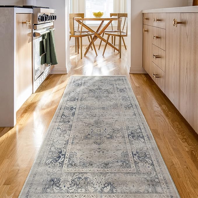 RUGGABLE Washable Vintage Area Rug – Sarrah Blue Quartz 3x5, Stain-Resistant, Non-Slip – Small Machine Washable Rugs for Living Room, Bedroom, Hallway, Entryway & Office–with Cushioned Pad