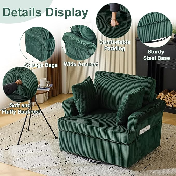 Karl home 39" Swivel Accent Chair,Oversized Seat Armchair W/2 Pillows and 4 Pockets,Modern Upholstered Corduroy Barrel Chairs,Comfy Single Sofa for Living Room,Reading,Bedroom and Office-Dark Green