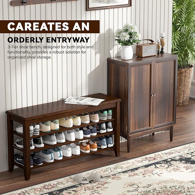 Shoe Bench Storage Rubberwood with Leather Cushion for Entryway Bench Ideal for Hallways Shoe Rack Front Doors Entrances Mudrooms Featuring 3 Height-Adjustable and Removable Shelves