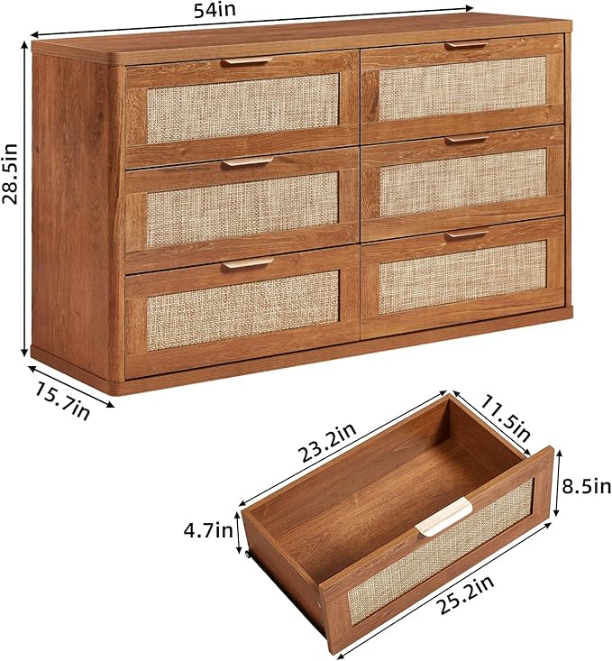 LEYAOYAO Rattan 6 Drawer Dresser for Bedroom, 54" Wide Boho Chest of Drawers, Wooden Dressers TV Stand with Metal Handle, Storage Closet Organizer for Living Room, Hallway, Tea Brown