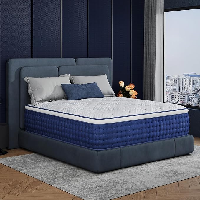 Queen Size Mattress, 10 Inch Queen Size Hybrid Mattresses in a Box, Medium Feel Foam and Individual Pocket Springs, Fiberglass Free Bed Mattress, Extra Edge Support, Pressure Relief, CertiPUR-US, Blue