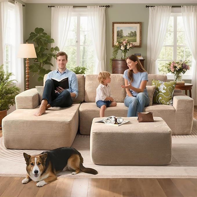 106" Cloud Sectional Couch with L-Shape Chaise & Ottoman, No Assembly Modular Sofa, Deep Seat Corduroy Boneless Couched for Living Room (Camel Stripe Corduroy, Left Facing Chaise with Ottoman)