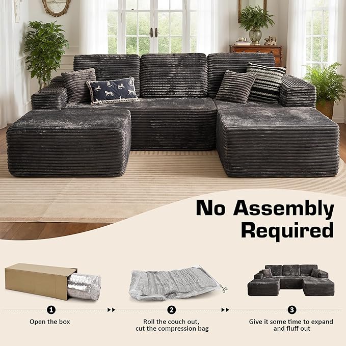 106" Cloud Sectional Couch with L-Shape Chaise & Ottoman, No Assembly Modular Sofa, Deep Seat Plush Corduroy Boneless Couched for Living Room (Gray Plush Corduroy, Right Facing Chaise with Ottoman)