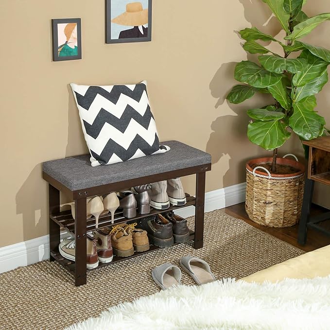 SONGMICS Bamboo Shoe Bench, 3-Tier Shoe Rack Organizer for Entryway, Living Room, Bench Seat Holds Up to 300 lb, 11.9 x 28.3 x 19.2 Inches, Rustic Walnut and Slate Gray ULBS604CG