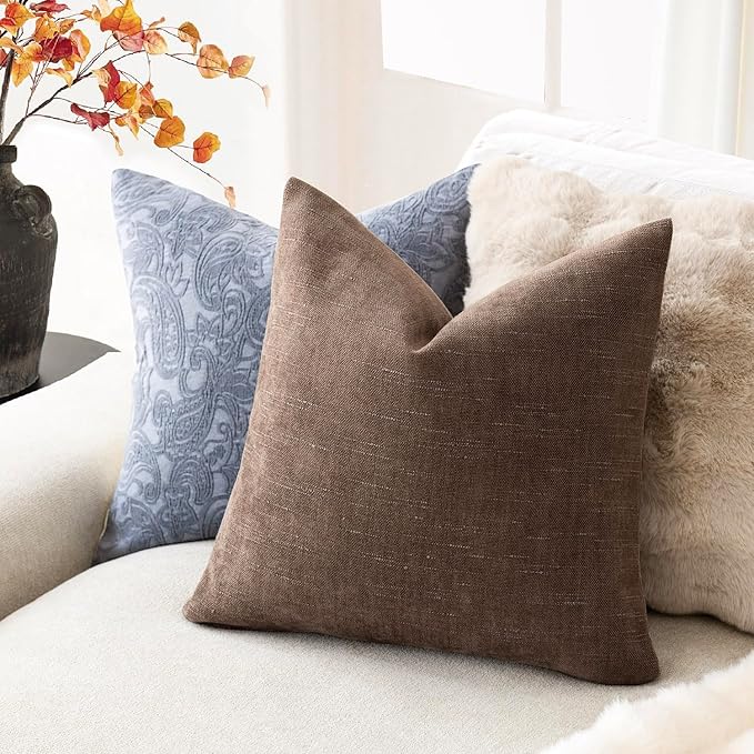 Foindtower Set of 2 Soft Textured Chenille Throw Decorative Pillow Covers Square Accent Solid Cushion Cover Cozy Neutral Farmhouse Pillow Case for Couch Sofa Bedroom Living Room 16x16 Inch, Chocolate