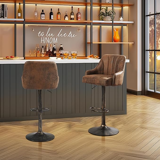 VECELO Bar Stools Set of 2, Adjustable Bar Stools Counter Height Barstools with Back and Arm, Swivel Bar Chair Stools for Kitchen Counter Island Cafe Dining Room, Industrial Style, Dark Brown