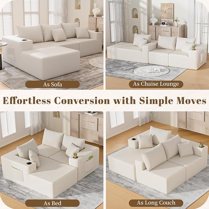 107" Cloud Sectional Couch, Modular Sectional Sofa with L-Shape Chaise, Corduroy Boneless Couch with Deep Seat, Upholstered Sofa for Living Room, No Assembly Required(Left-Facing Chaise, White)