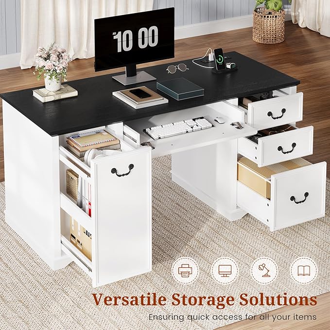 60'' Farmhouse Executive Desk with Drawers, Home Office Desk with Power Outlet & Keyboard Tray, Wood Computer Desk with File Drawer & Slide-Out Storage Shelves, Writing Desk for Work, White