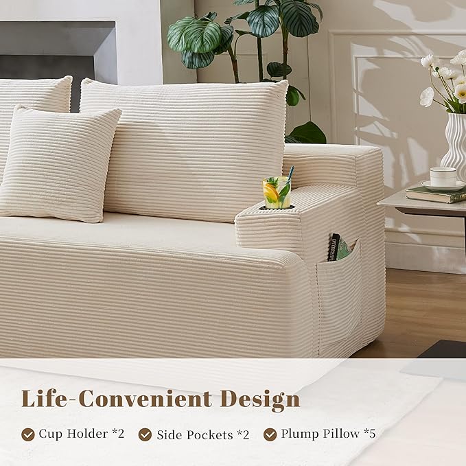 106" Cloud Sectional Couch, Modular Sectional Sofa with L-Shape Chaise, Corduroy Boneless Couch with Deep Seat, Upholstered Sofa for Living Room, No Assembly Required(Left-Facing Chaise, White)