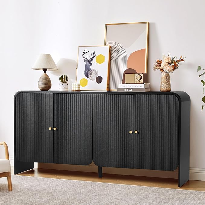 Fluted Sideboard Buffet Cabinet with Storage, 59'' Curved Buffet Cabinet with 4 Doors & Shleves, Modern Credenza Wood Coffee Bar Table Console for Dining Room Kitchen Living Room Entryway, Black