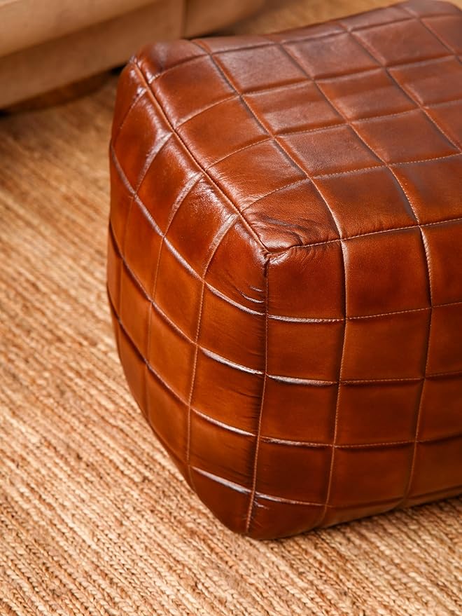 Handmade Eco-Friendly Geometric Leather Pouf Brown Color Square 18" x 18" x 18" Leather Pouf for Living Room, Bedroom Seating, Patio