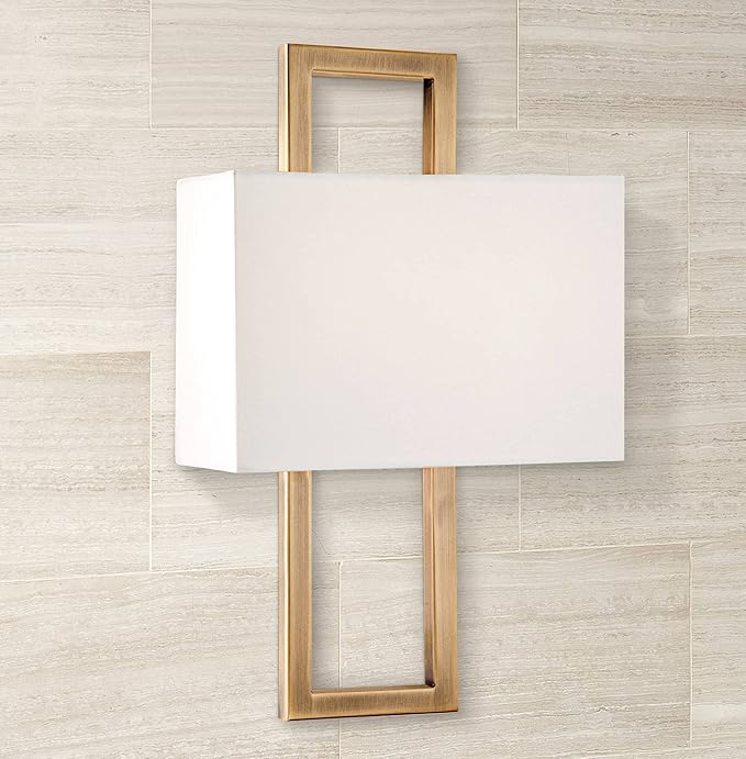 Possini Euro Design Modena Modern Wall Light Sconces Set of 2 French Brass Gold Hardwired 9 1/2" Fixture Off-White Faux Silk Half Shade for Bedroom Bathroom Vanity Living Room Home Hallway Dining