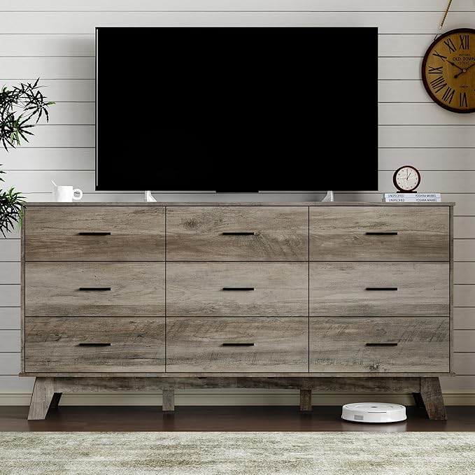 Dresser for Bedroom with 9-Drawer, 59" Wide Modern Chest of Drawers with Metal Handles, X-Shape Base & Adjustable Center Leg, Anti-Tip Closet Organizers and Storage